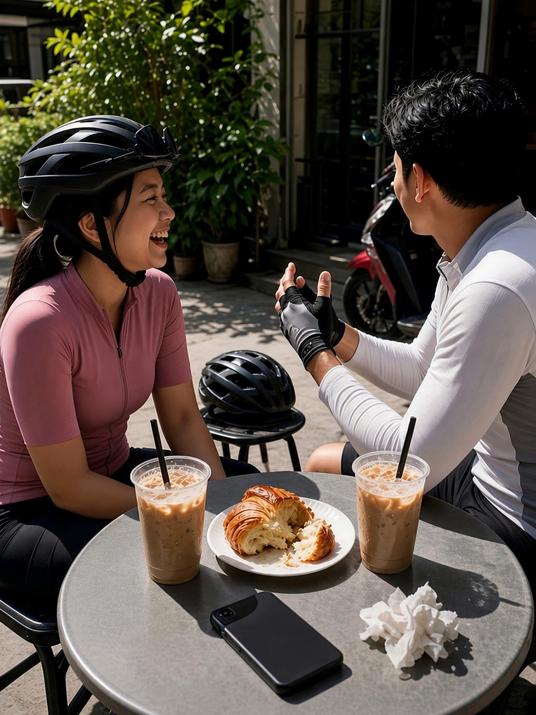 Iced coffee after a ride at an outdoor YAS Circle cafe